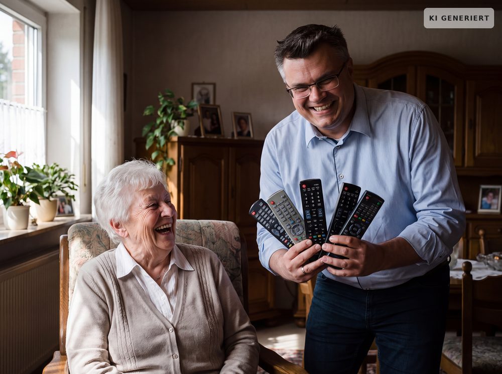 Matthias Henning hilft einer älteren Dame zu Hause bei der Technik – beide lachen.