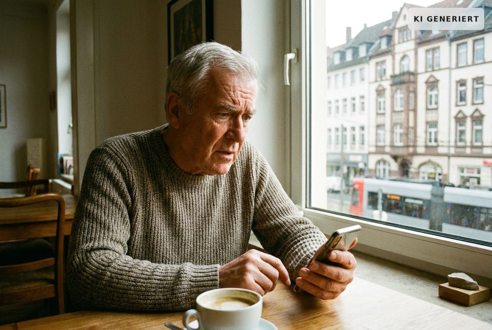 älterer Mann blick skeptisch auf sein Handy