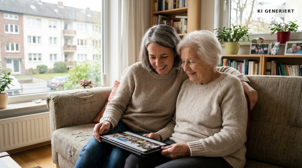 Eine erwachsene Tochter und ihre Mutter sitzen nebeneinander und schauen gemeinsam auf ein Tablet.