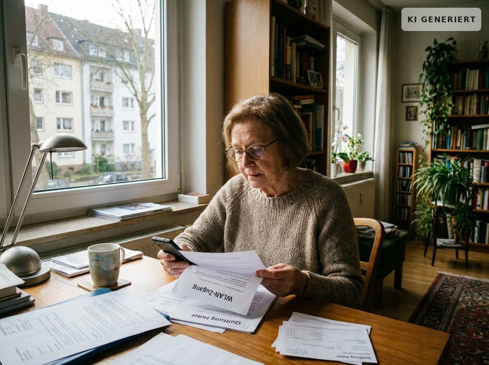 Eine ältere Frau sitzt konzentriert an ihrem Schreibtisch und prüft Papiere sowie ihr Smartphone, um sich über sichere Zahlungsmethoden zu informieren.