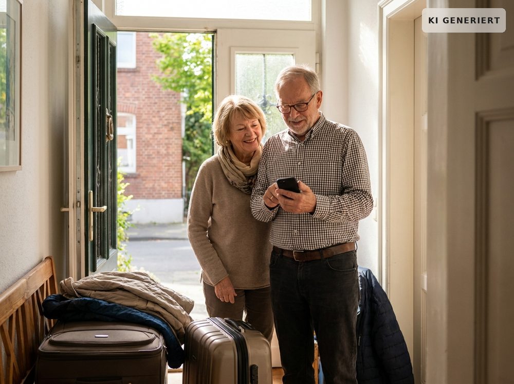 Ein älteres Paar steht im Flur ihrer Wohnung vor verschlossener Tür mit Reisegepäck, der Mann schaut auf sein Smartphone während die Frau zuschaut.