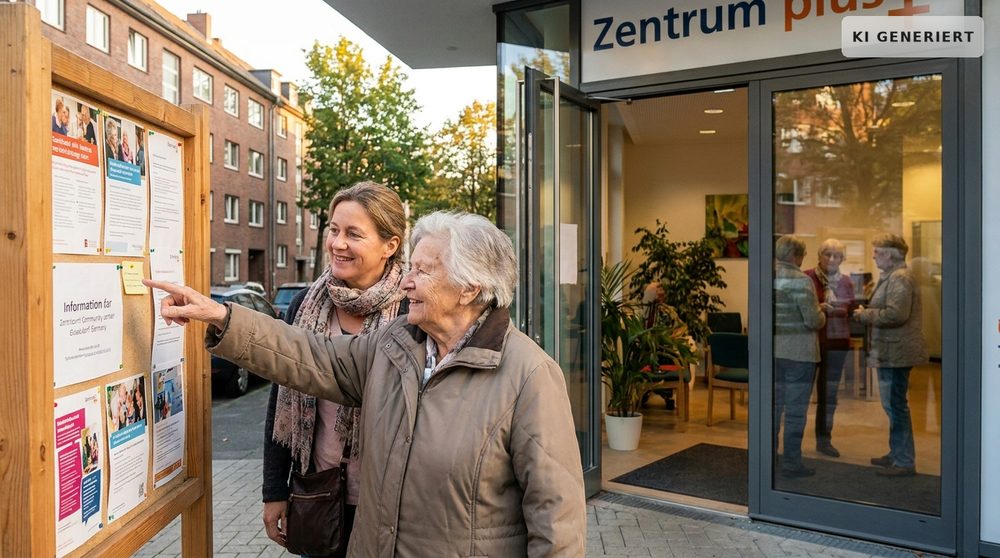 Eine ältere Frau und ihre erwachsene Tochter stehen zusammen an der Informationstafel vor einem Seniorentreffpunkt in Düsseldorf und lesen interessiert das Angebot.