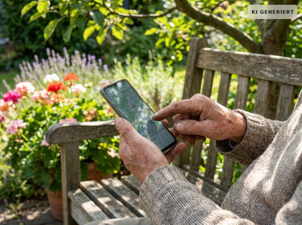 Nahaufnahme der Hände einer älteren Person, die ein Smartphone hält und auf den Bildschirm zeigt, während sie im sonnigen Garten sitzt, im Hintergrund verschwommene Blüten und grüne Pflanzen.