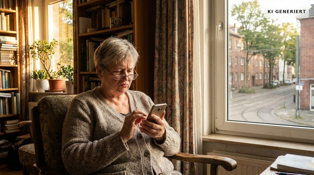 Eine ältere Frau sitzt nachdenklich in einem Sessel am Fenster und hält skeptisch ihr Handy in der Hand.