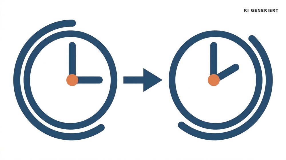 Zwei Uhren nebeneinander: links zeigt 3 Uhr, rechts zeigt 2 Uhr, dazwischen ein Pfeil nach rechts