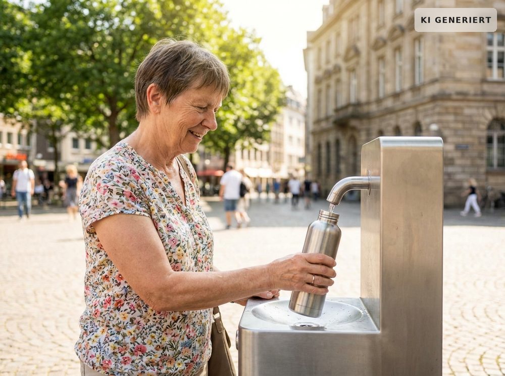 Eine ältere Frau füllt an einem öffentlichen Trinkbrunnen auf einem Platz ihre Wasserflasche auf.