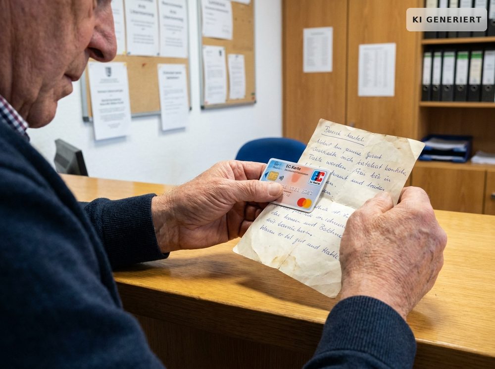 Die Hände einer älteren Person halten eine Bankkarte und einen Notizblock an einem Schalter in einem Amt oder bei der Polizei, während sie ruhig Unterlagen überprüft.