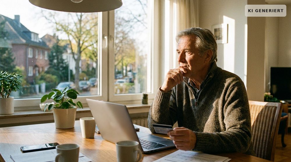 Ein älterer Mann sitzt mit Laptop und Bankkarte am Wohnzimmertisch und hält nachdenklich inne, bevor er bestellt.