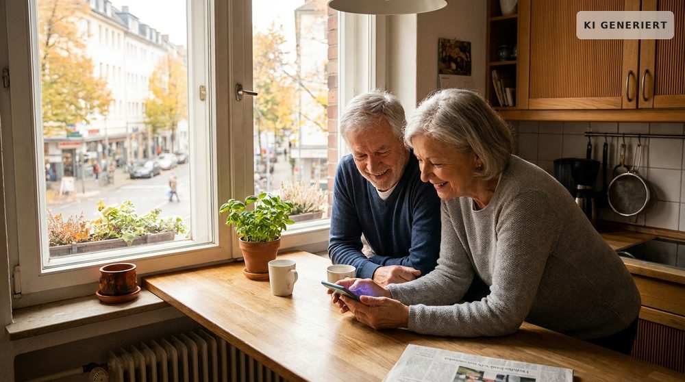 Ein älteres Paar steht zusammen in einer hellen Küche an der Arbeitsplatte und schaut gemeinsam auf ein Smartphone mit hellem Bildschirm.