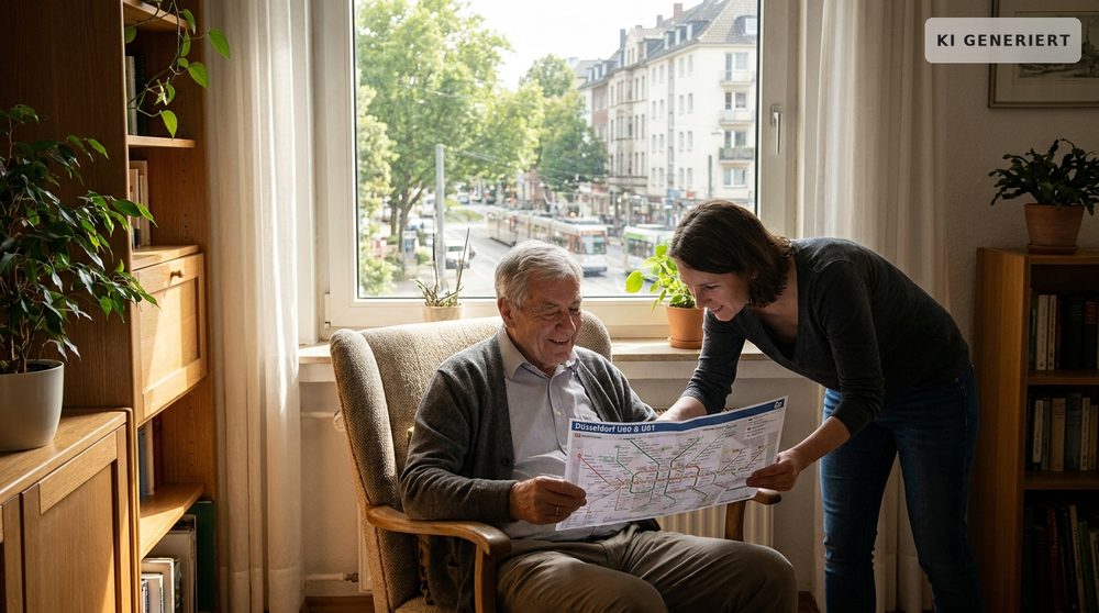 Ein älterer Mann sitzt mit seiner erwachsenen Tochter im Sessel am Fenster und studiert zusammen eine Stadtbahn-Linienführung für die neuen Düsseldorfer U-Bahn-Linien.