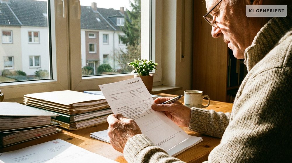 Hände einer älteren Person überprüfen konzentriert Kontoauszüge und Bankpapiere am Schreibtisch in einem hellen Arbeitszimmer.