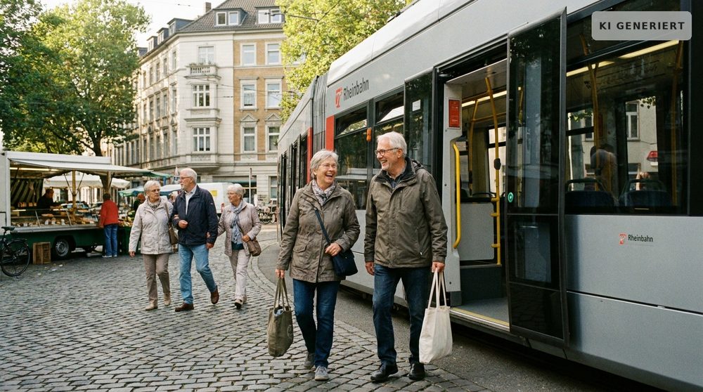 Ein älteres Paar mit Einkaufstaschen steigt an einem Wochenmarkt aus einer Rheinbahn-Straßenbahn, weitere Fahrgäste gehen über das Kopfsteinpflaster.