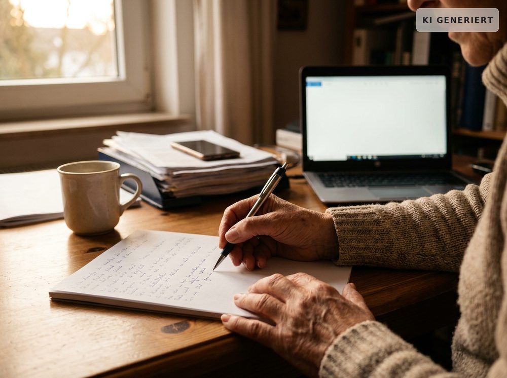 Die Hände einer älteren Person schreiben konzentriert auf einem Blatt Papier an einem Schreibtisch mit Unterlagen, Smartphone und Laptop im Hintergrund.