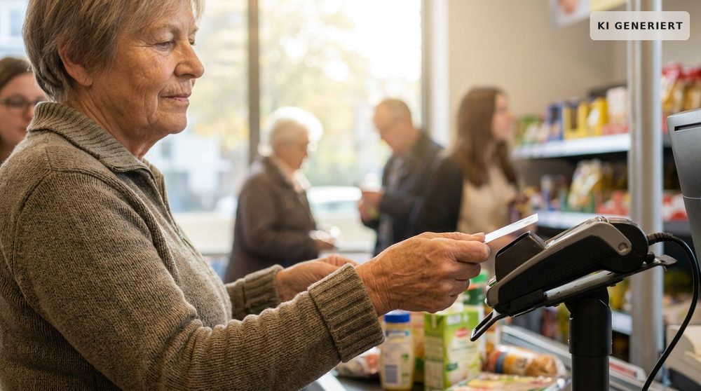Eine ältere Frau hält ihre Karte zum kontaktlosen Bezahlen an das Lesegerät an der Supermarkt-Kasse.