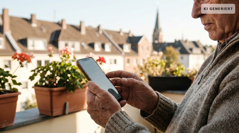Nahaufnahme der Hände einer älteren Person, die ein Smartphone auf dem sonnigen Balkon hält und nachdenklich auf eine Nachricht schaut, im Hintergrund Blumentöpfe und unscharfe Hausdächer.
