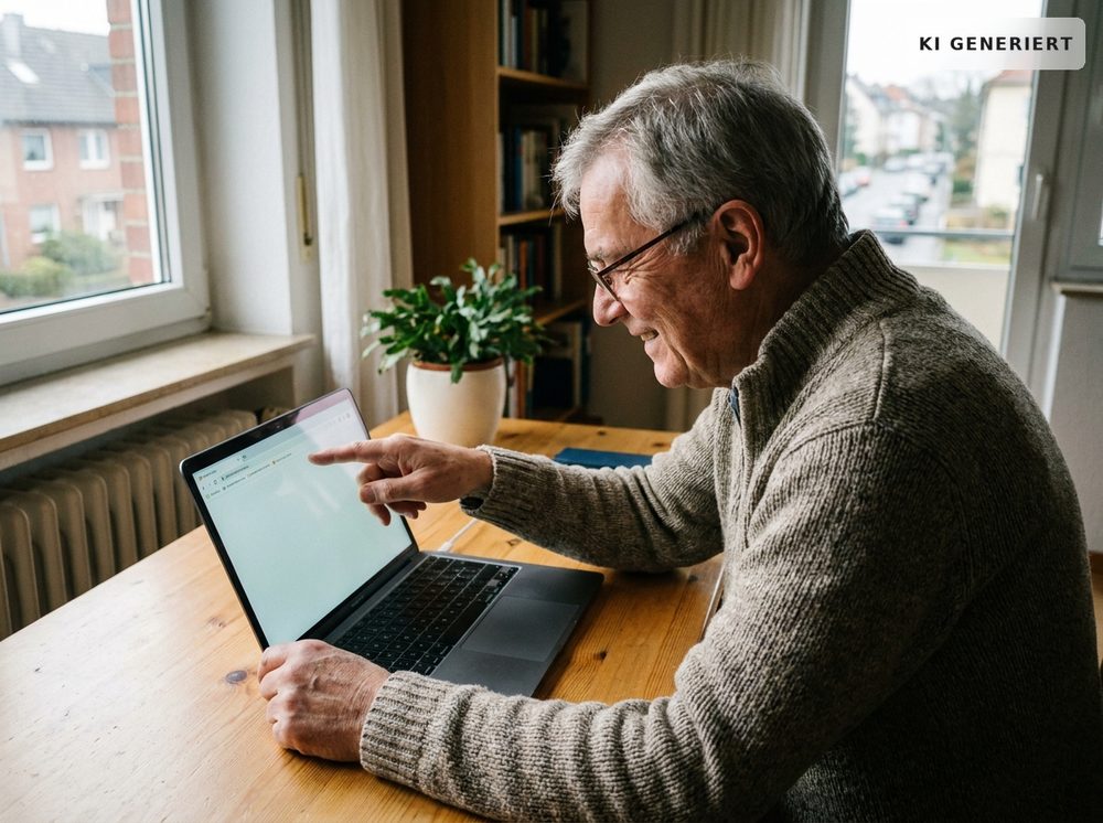 Ein älterer Mann sitzt am Schreibtisch vor dem Laptop und zeigt auf die Adresszeile oben im Browser.