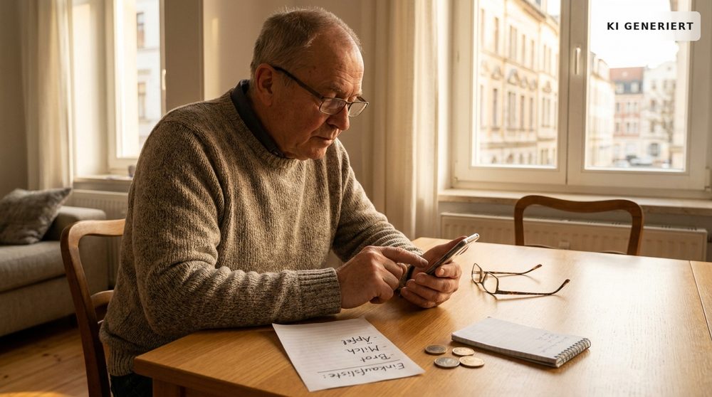 Ein älterer Mann sitzt am Wohnzimmertisch und schaut konzentriert auf sein Smartphone, während alltägliche Gegenstände wie Brille, Notizblock und Kleingeld neben ihm liegen.