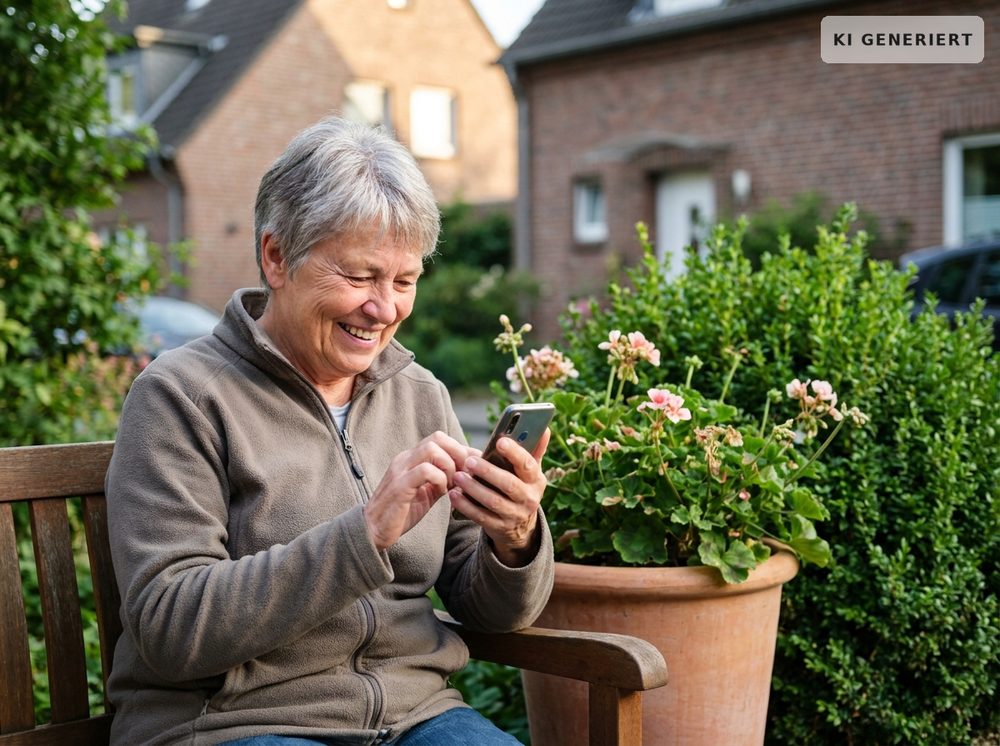 Eine ältere Frau sitzt im Garten auf einer Bank und schaut lächelnd auf ihr Smartphone, das sie in der Hand hält.