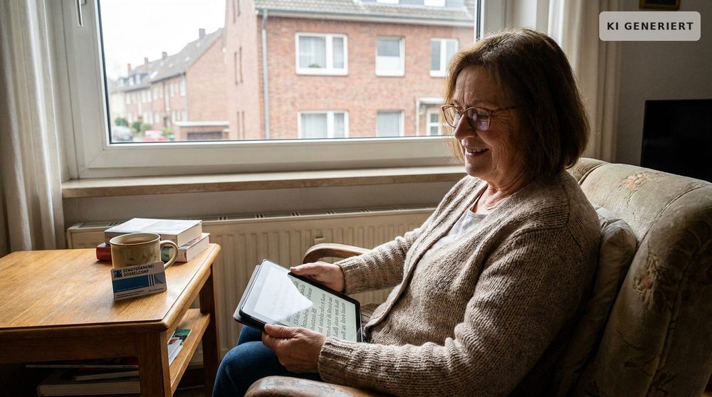 Eine ältere Frau sitzt im Sessel und liest ein Buch auf dem Tablet, die Schrift groß eingestellt; daneben liegt der Büchereiausweis.