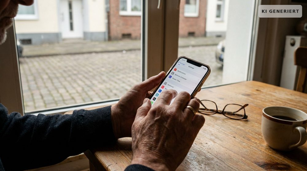 Die Hände eines älteren Mannes halten ein Smartphone und stellen etwas darin ein.
